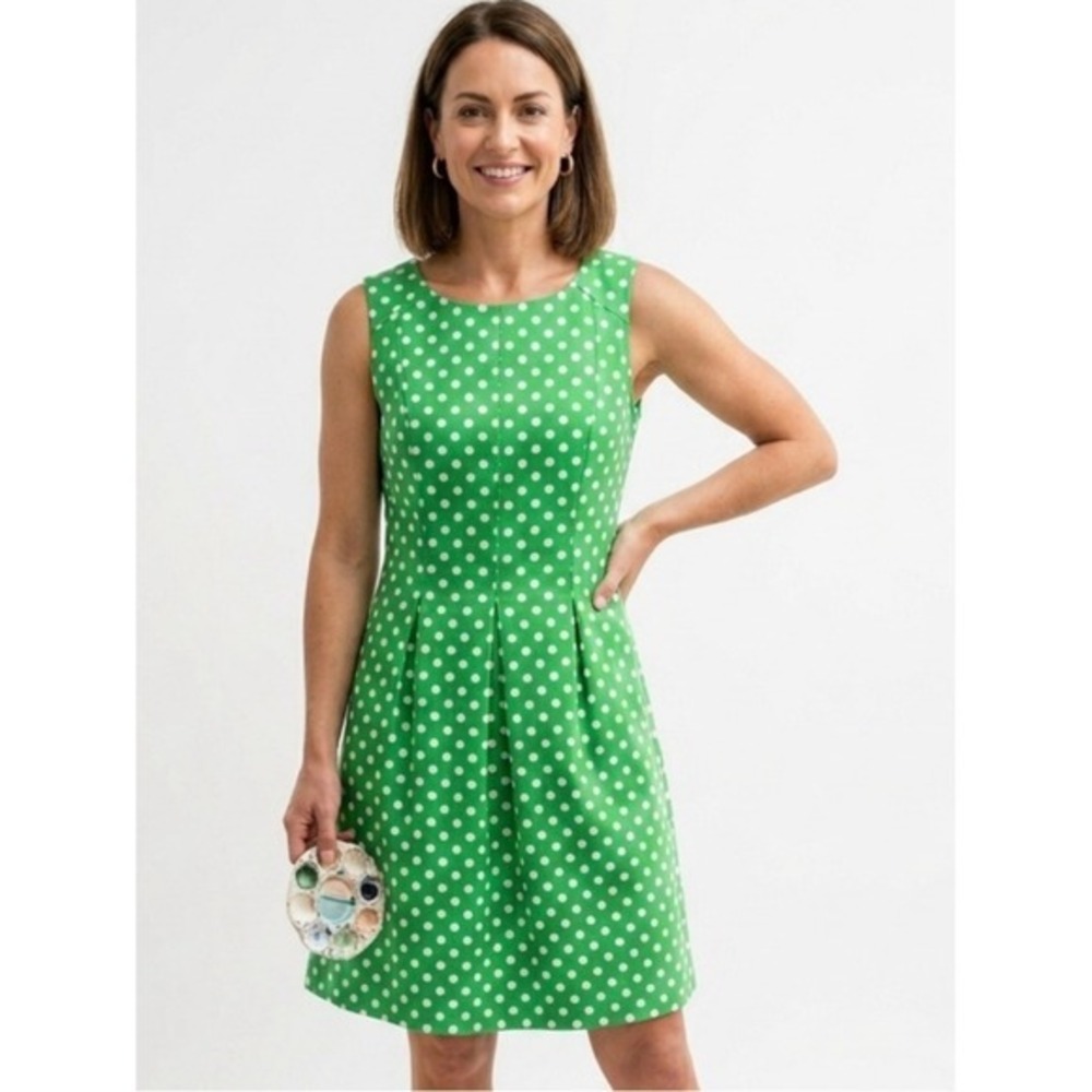 CB Green White Polka Dot Fit & Flare Pocket Dress Sleeveless Sz 10
